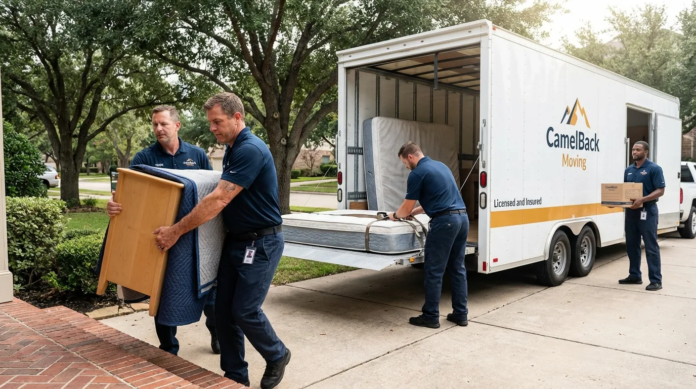 Crew loading residential truck for cross-state move from East Dubuque, IL