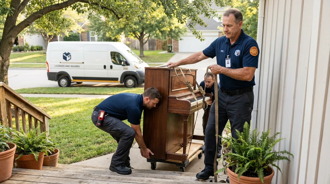 Licensed piano movers securing grand piano in East Dubuque, IL