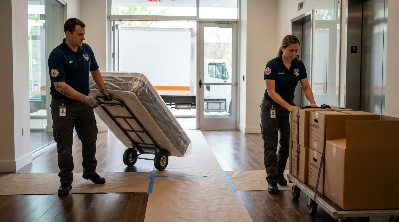 Professional apartment movers loading elevator in East Dubuque, IL