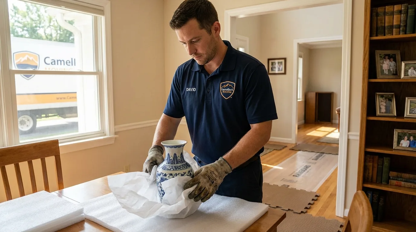 Professional crew carefully wrapping antique vase for senior downsizing move in East Dubuque, IL